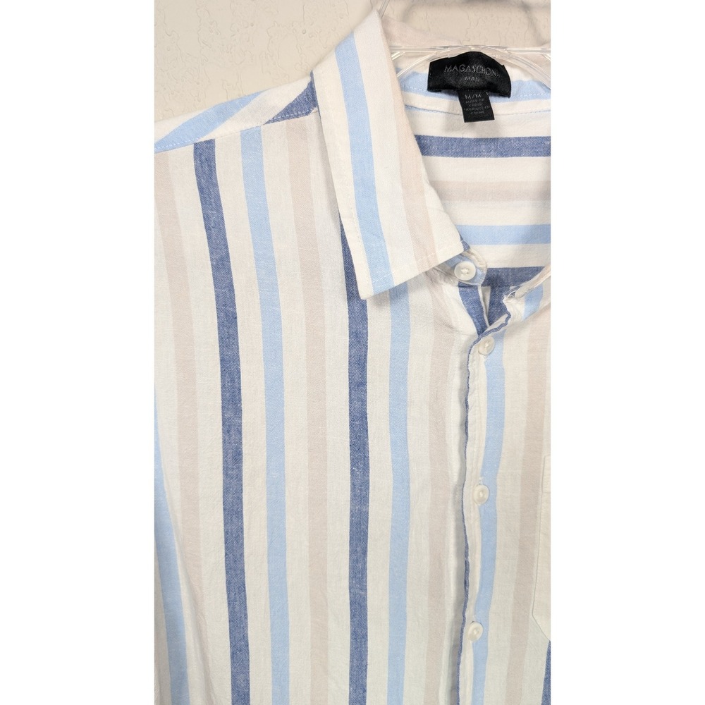 Magaschoni Man Striped Linen Long Sleeve Tab Adjustable‎ Button Down Shirt M